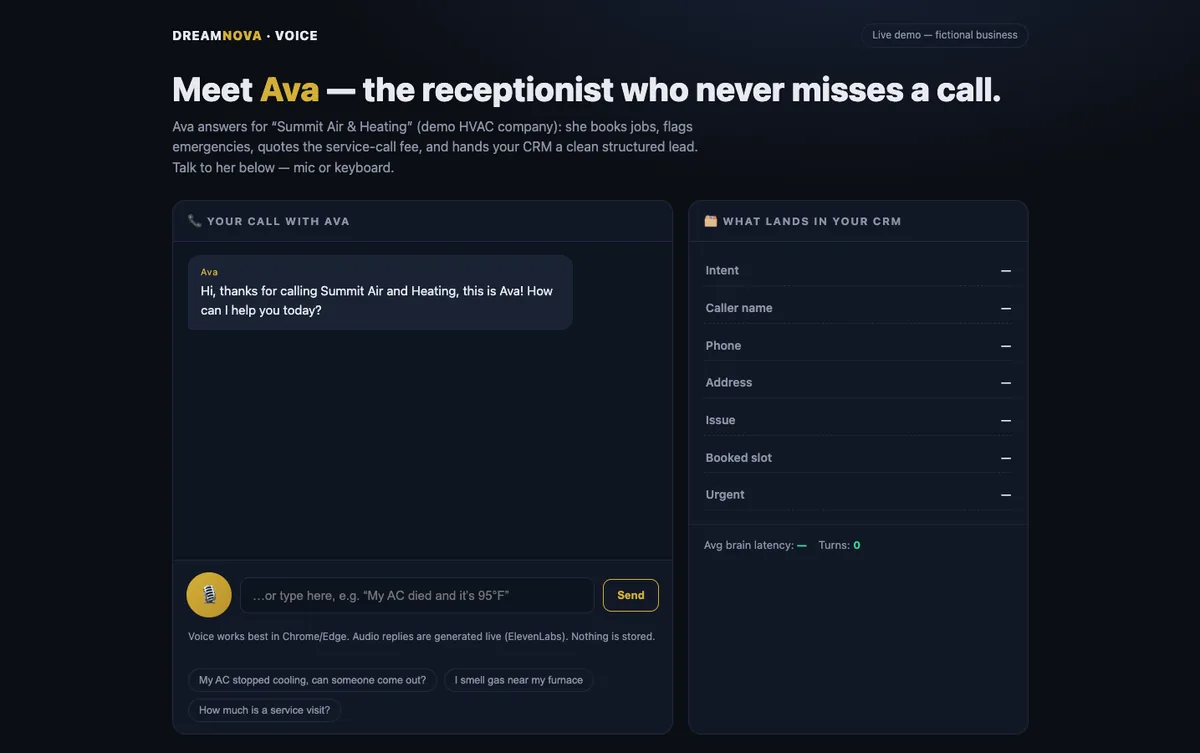 Ava voice demo showing a conversation and an enquiry record.