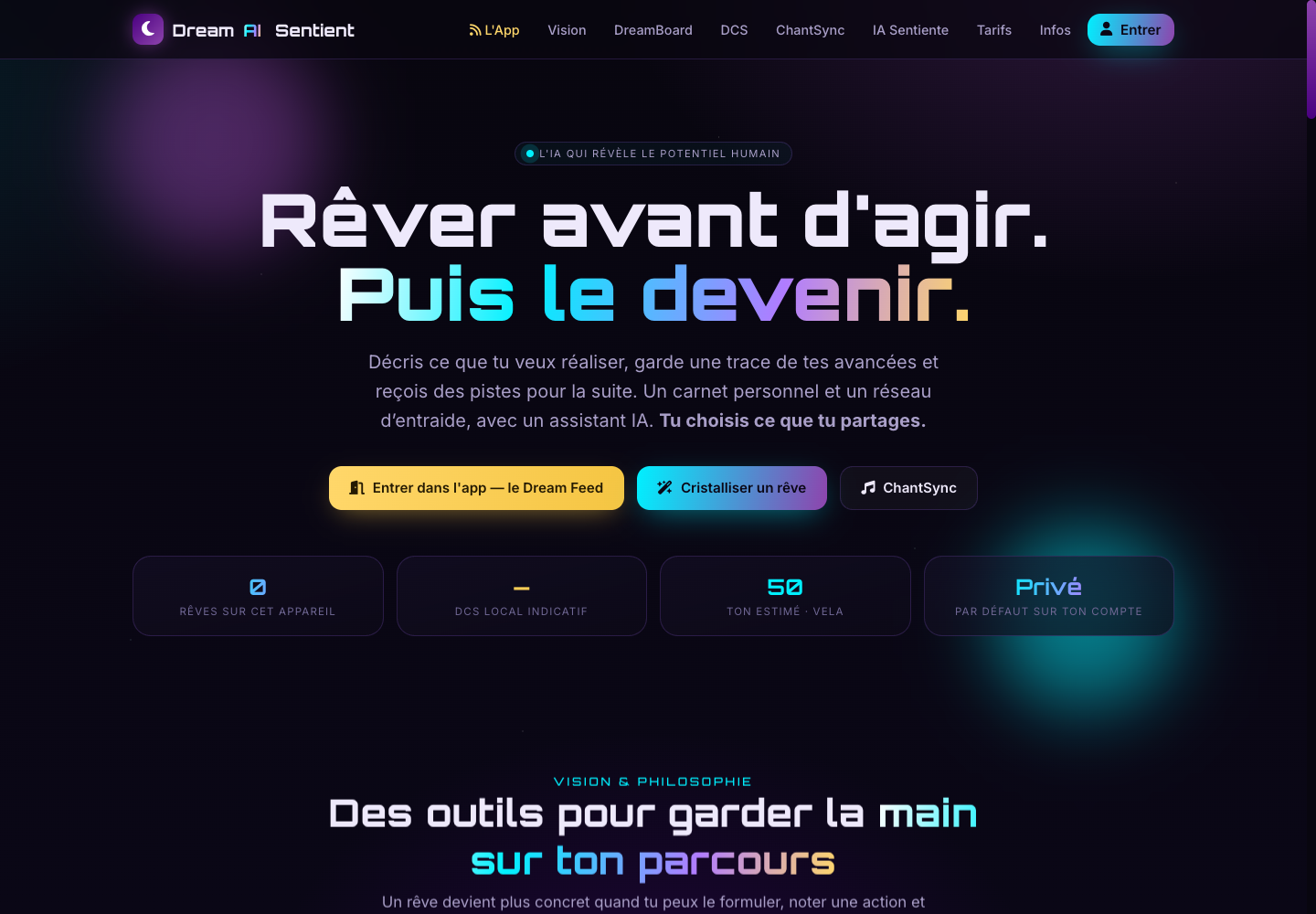 DreamAI page showing the personal journal, community network and AI assistant.